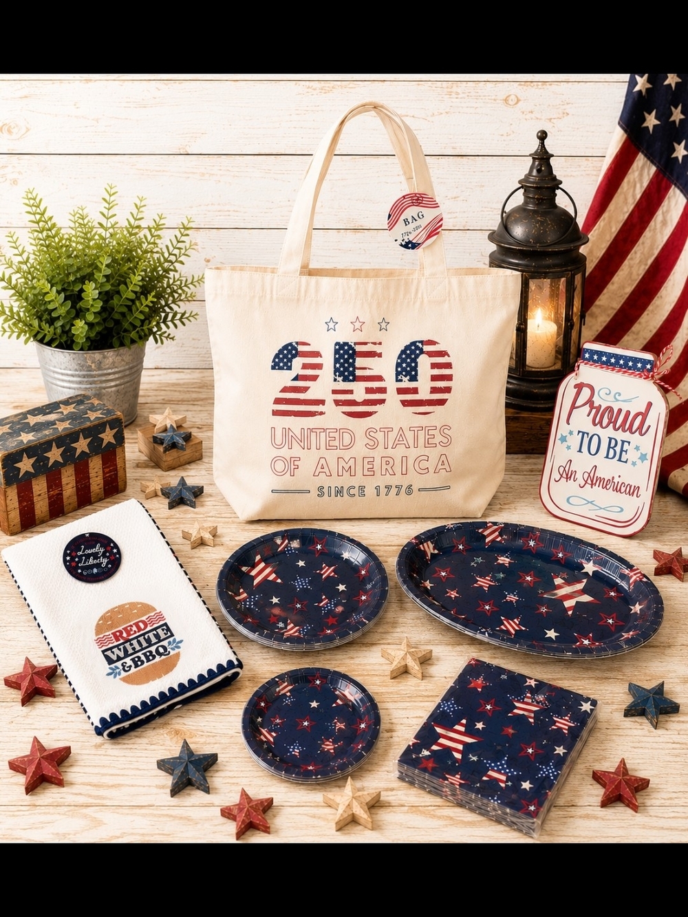 Picnic Bundle- Patriotic 250 Years United States Canvas Tote Bag – Cream